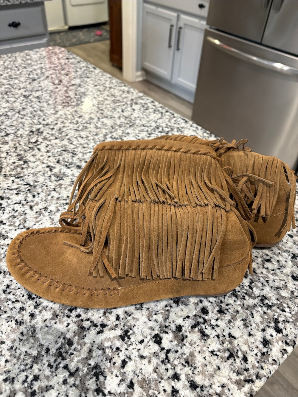 Minnetonka Chestnut Suede Fringe Moccasins